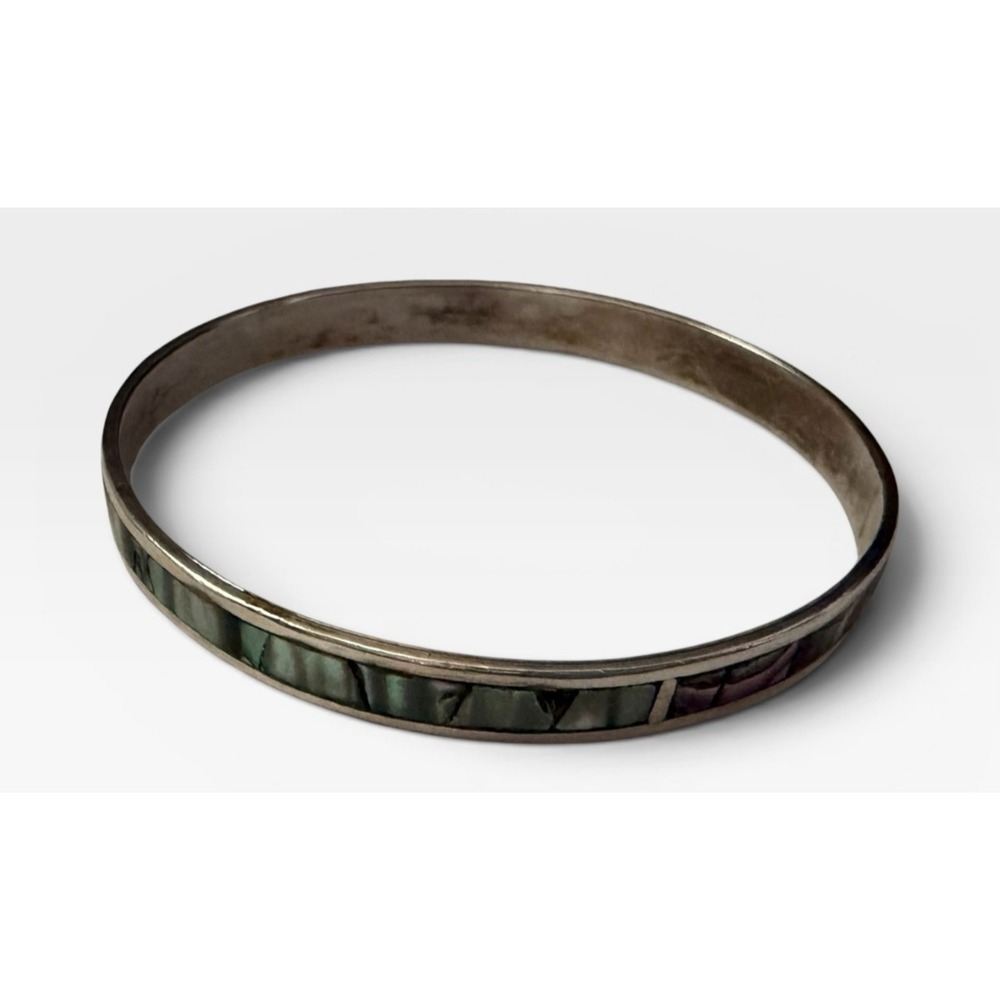 Taxco Mexico 925 Sterling Silver Abalone Shell Inlay Bangle Bracelet Vintage